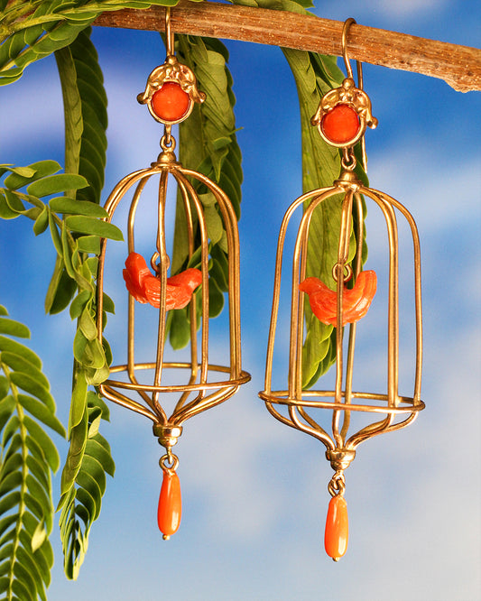 Vintage Birdcage Coral Earrings