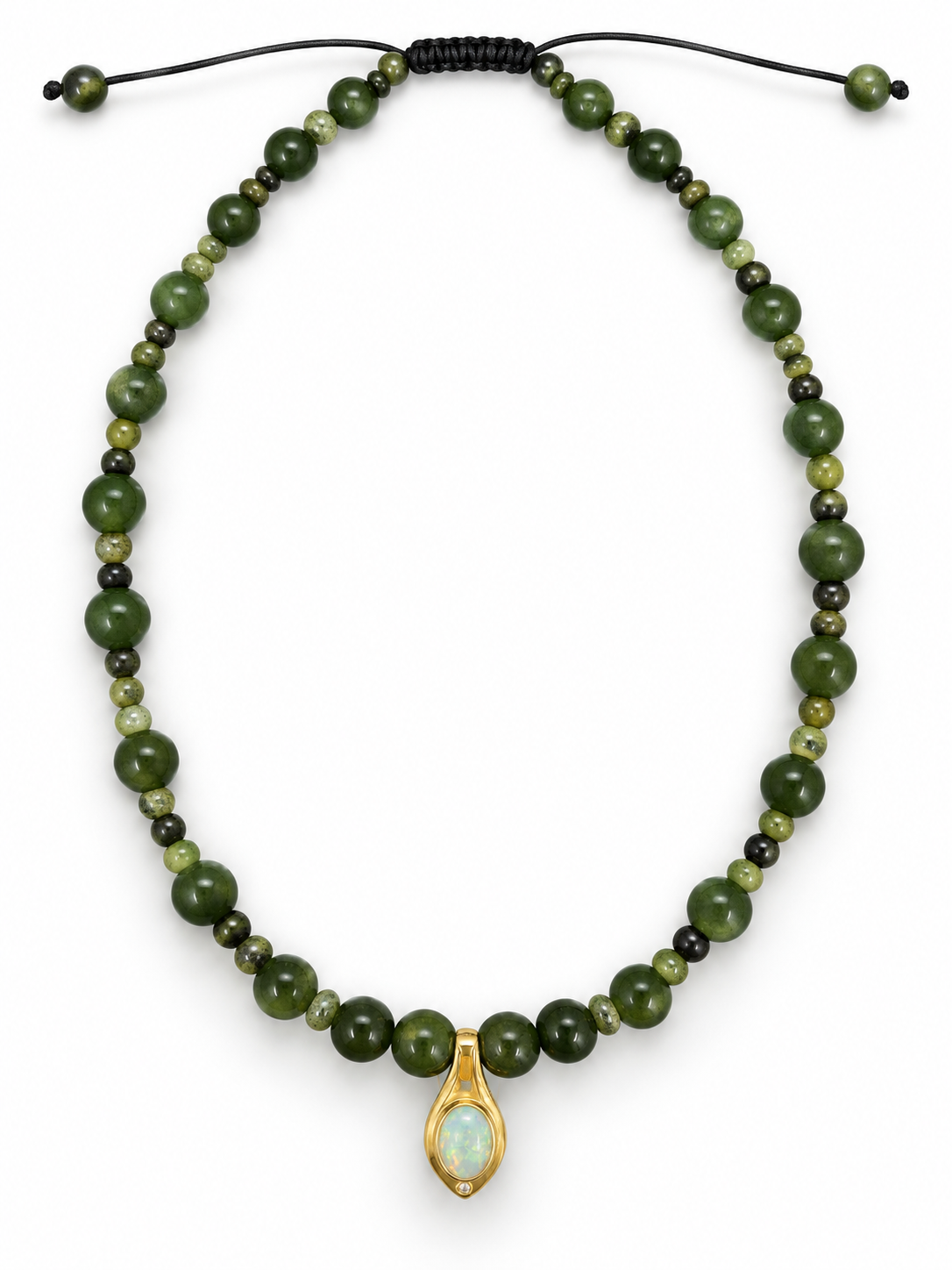 Nephrite jade and dendrite jade beaded necklace with an opal drop pendant